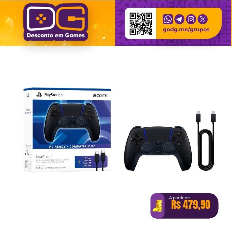 Controle sem fio PlayStation DualSense™ – Midnight Black + Cabo USB para PC